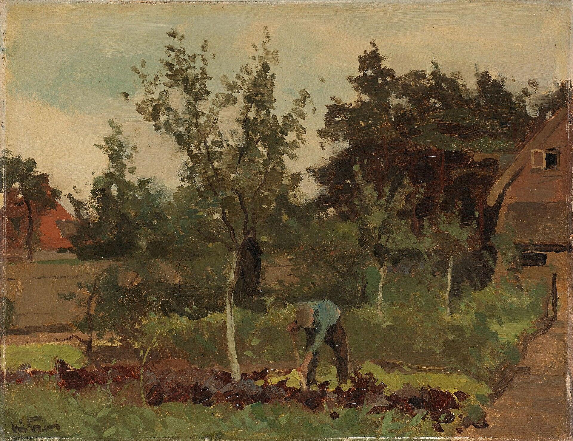 Schilderij van een moestuin met fruitbomen en iemand die de grond omspit